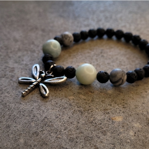 Jewelry - Aventurine & Jasper Stone Handmade Dragonfly Lava Bead Bracelet